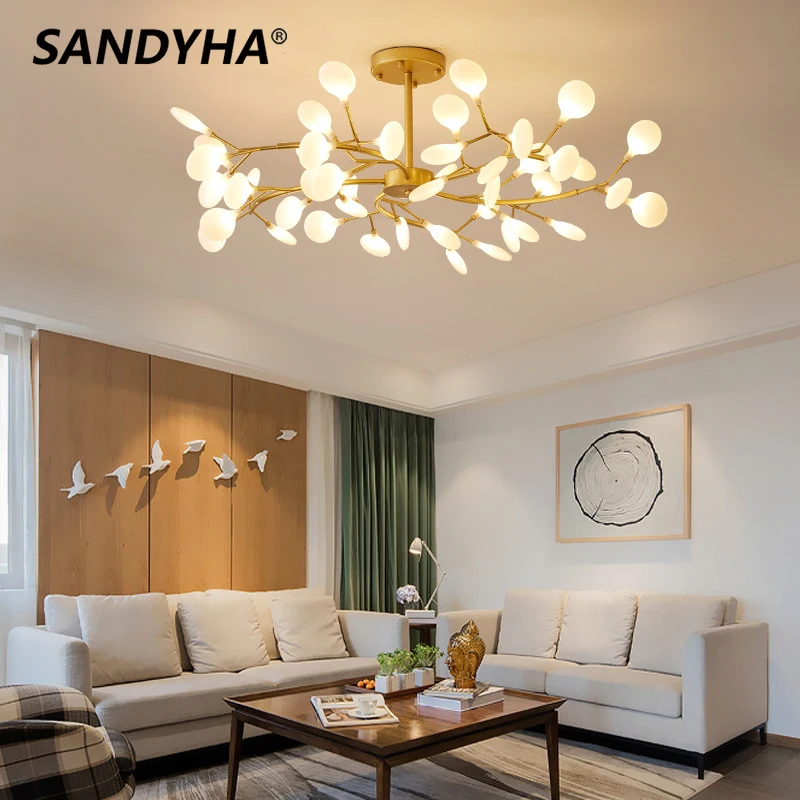 SANDYHA Modern Milky White Branch Pendent Lamp Creative Firefly Style Chandelier Living Bedroom Dining Hotel Decorative Lighting