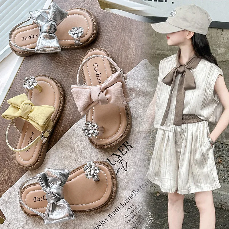 

Girls' Rhinestone Bow Design Fashion Casual Sandals Summer 2025 New Children's Open Toes Comfortable Flat Princess Single Shoes