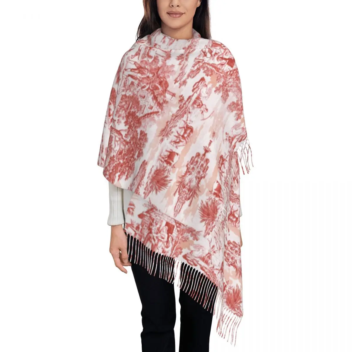 

Винтажный французский шарф с кисточками и мотивом Toile De Jouy, женские мягкие шали, женские зимние шарфы