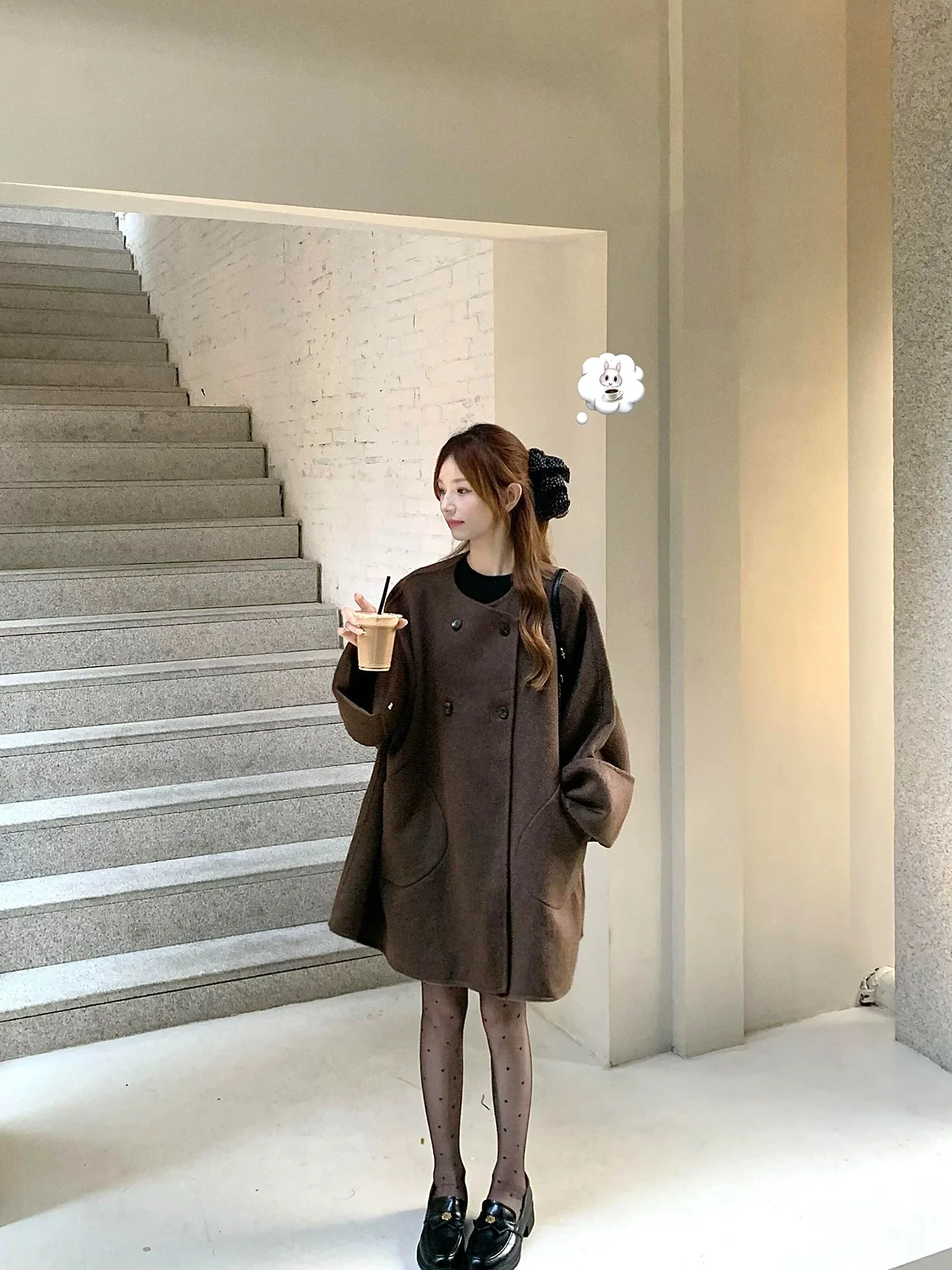 

Caramel ort Woolen Coat Lady Autumn Winter Korean Sle Small Size Outerwear Cowl Ne Drapey Jaet Commute Friendly