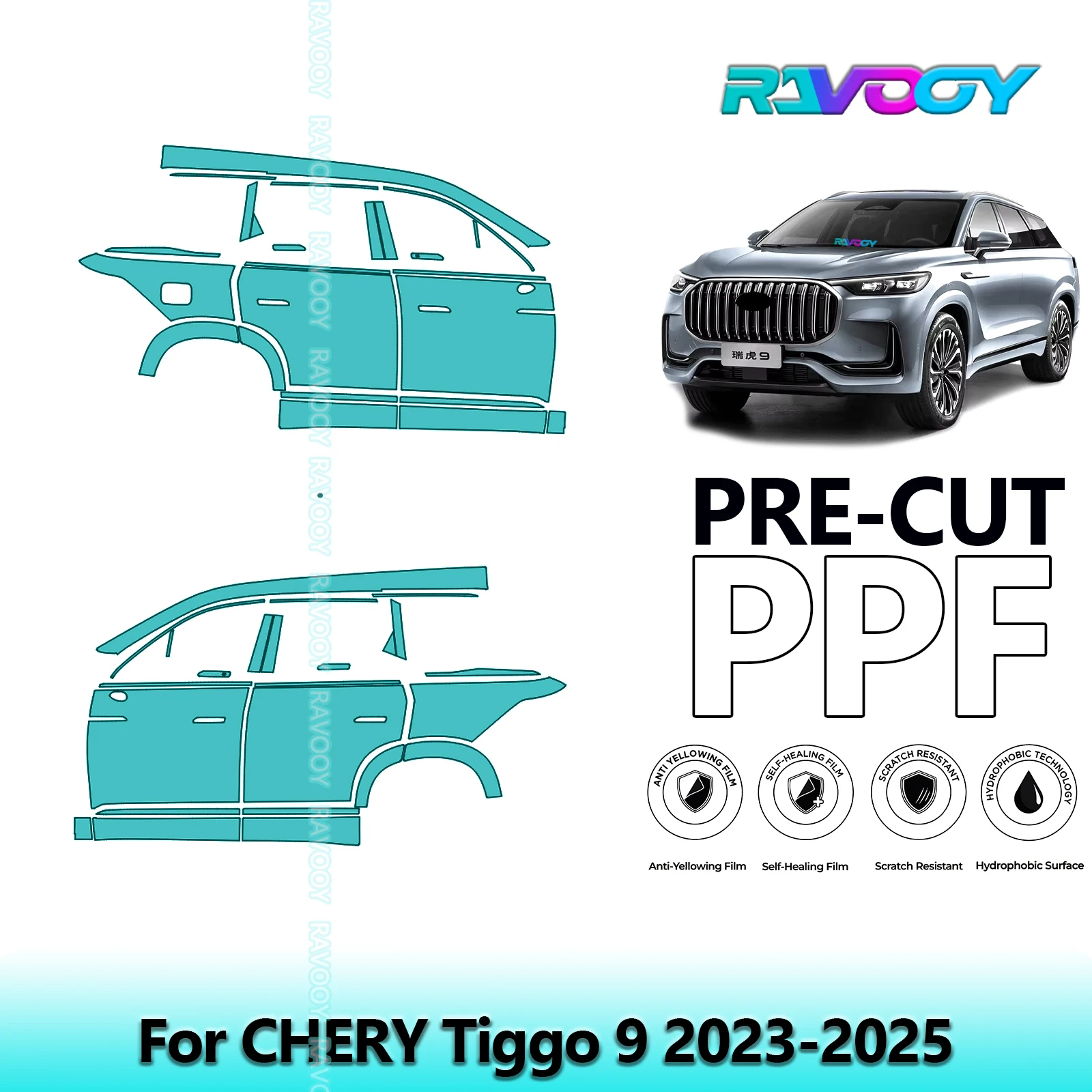 

For CHERY Tiggo 9 2023-2025 8.5mil Clear Matte Pre-Cut PPF Door & A/B Pillar Kit TPU Paint Protection Film Set