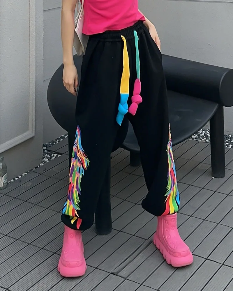 Graffiti Wings pantaloni oversize donna 2024 autunno nuovi vestiti Y2k pantaloni Jogger Casual a vita alta pantaloni sportivi Streetwear Hip118cm