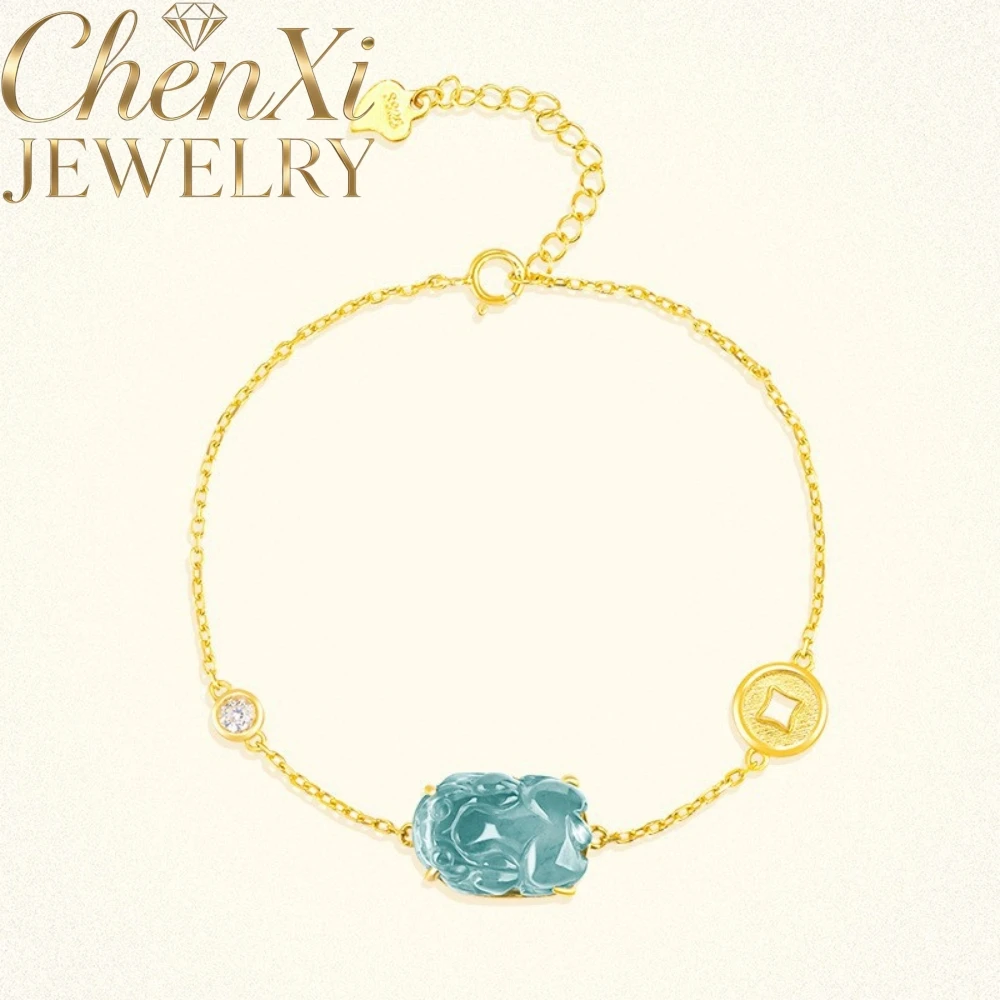 Genuine Natural Myanmar Grade A Icy Blue Water Jadeite Pixiu Bracelet S925 Inlaid Adjustable Fashion Wrist Jewelry Daily Gift