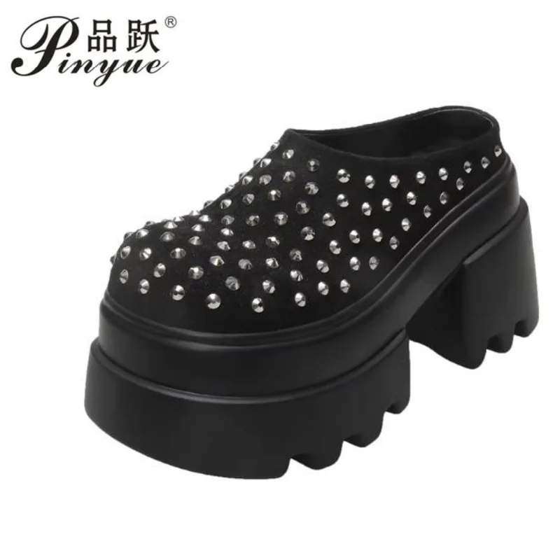 

10CM New Rivet Platform Women Slippers Fashion Chunky High Heeled Sandals Comfort Roma Style Round Toe Slide Mule Shoes Summer