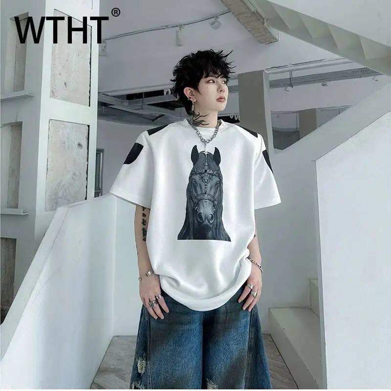 

WTHT Fashion Men's Print Patchwork Contrast Color Design T-shirts Trendy Round Collar Casual Tops Male 2026 Summer 2A3108