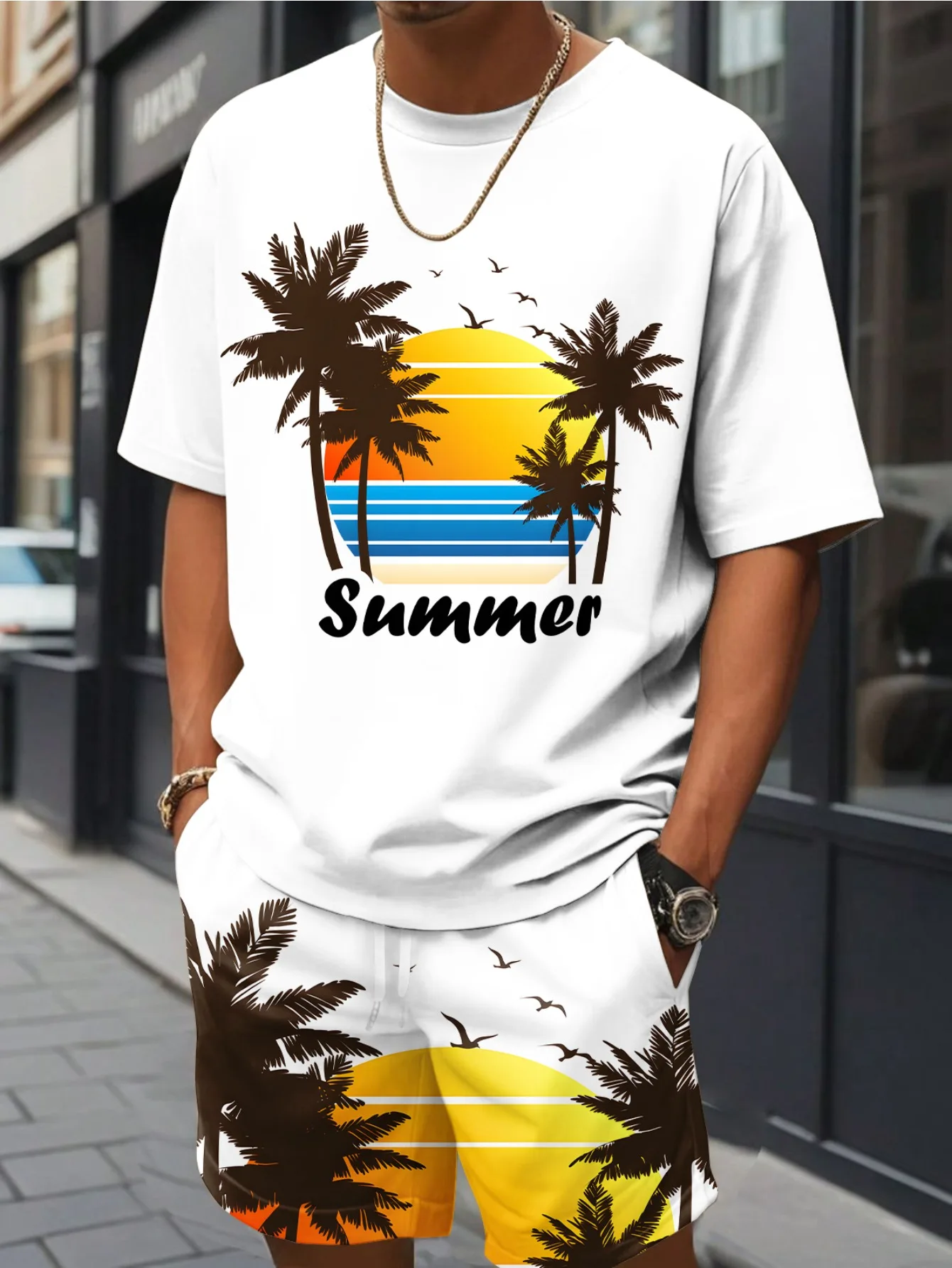 

Men's Summer Vacation Short-Sleeve Shirt and Shorts Set Hawaiian-Style Fashion Set Men's Casual T-Shirts Outdoor Beach Shorts