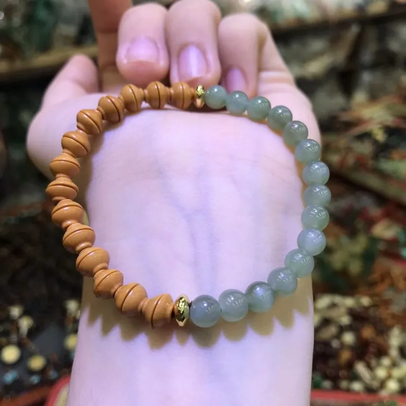 

Olive Stone Gold Rice Bowl Stitched Handmade Hetian Jade Wenwan Buddhist Bead Jewelry Bracelet