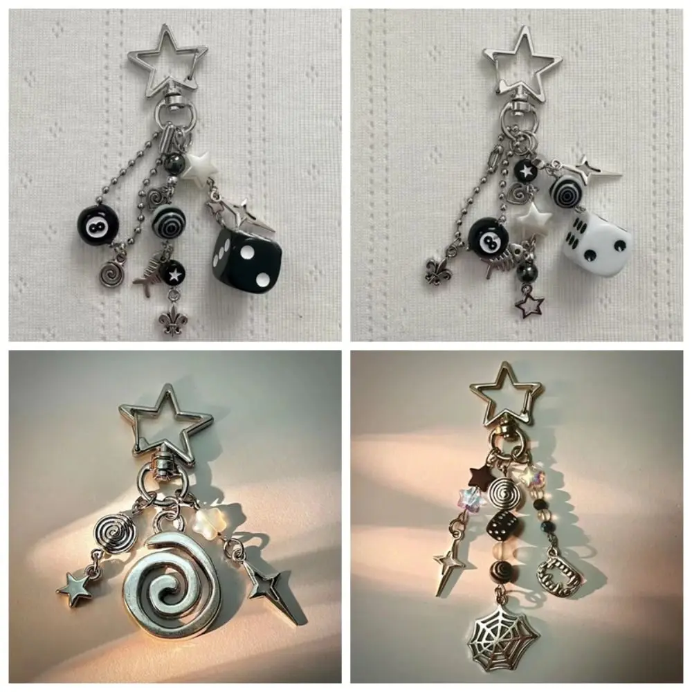 Llaveros de moda con forma de estrella, estilo rockero, en blanco y negro, hechos a mano, con diseño de telaraña, llaveros de la suerte, colgante negro 8, colgante para bolso estilo Y2K.
