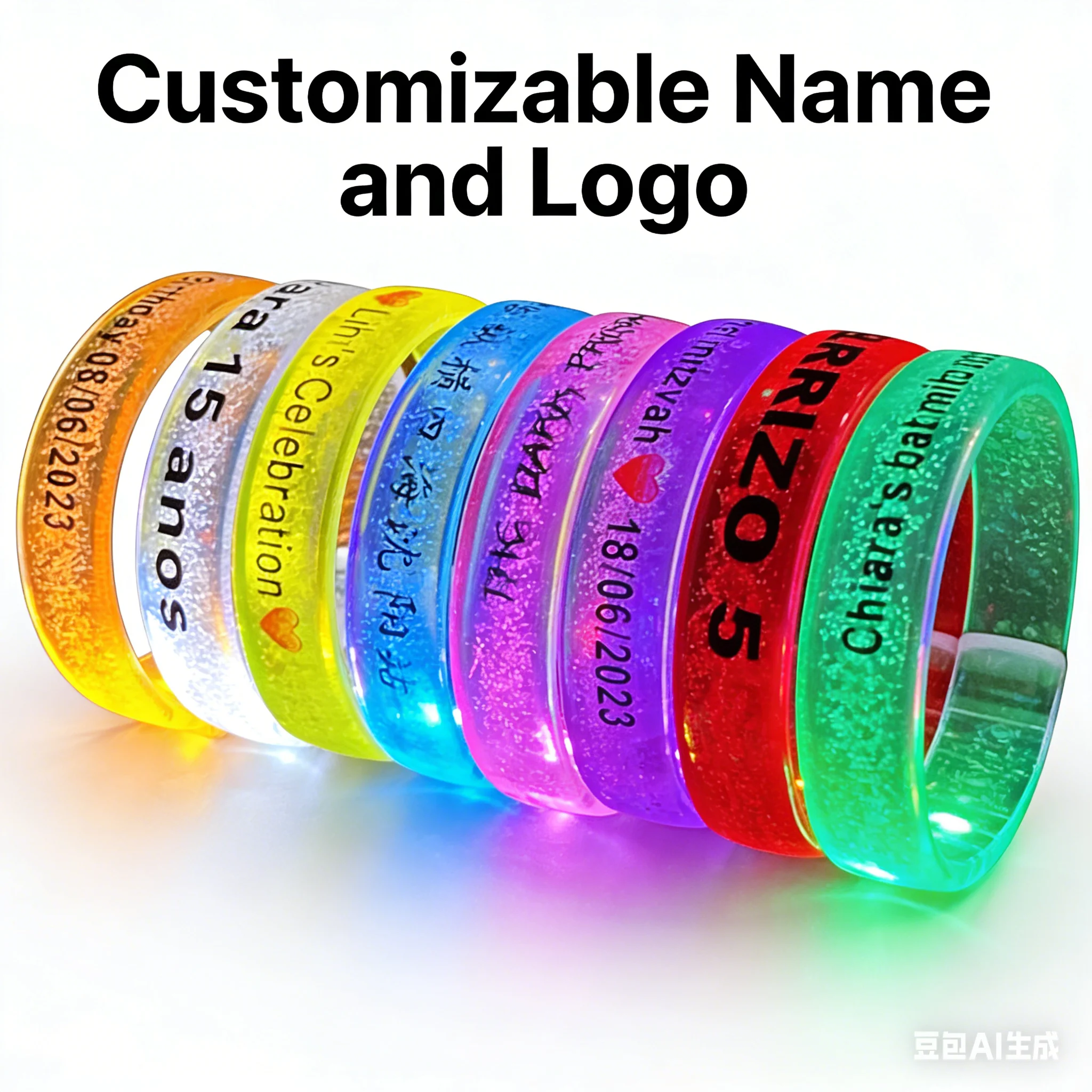 Pulseiras LED 10/30/50 com logotipos e textos personalizáveis, ideais para decorações de casamentos, festas e eventos.