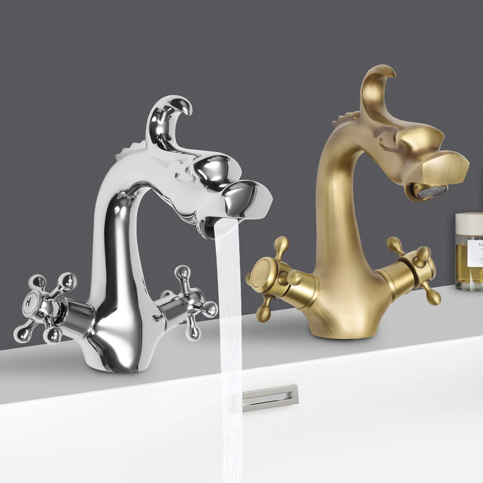 

Золотая/серебристая раковина для ванной комнаты в форме дракона с двумя ручками и одним отверстием, смеситель из нержавеющей стали, смеситель для крепления на палубе