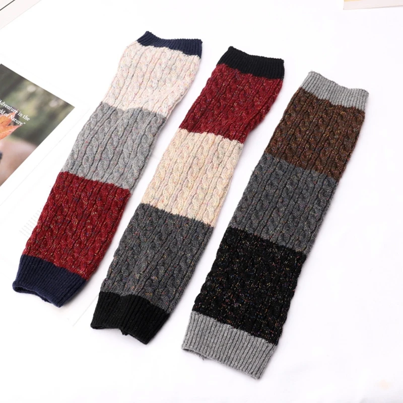 Women Winter Chunky Twist Cable Knit Leg Warmers Japanese Triple Colorblock Stitching Boot Cuffs Cover Faux Wool Thicken