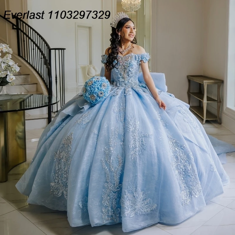 EVLAST Customized Blue Quinceanera Dress Ball Gown Lace Applique Beaded Big Bow Corset Sweet 16 Vestidos De 15 Años TQD861