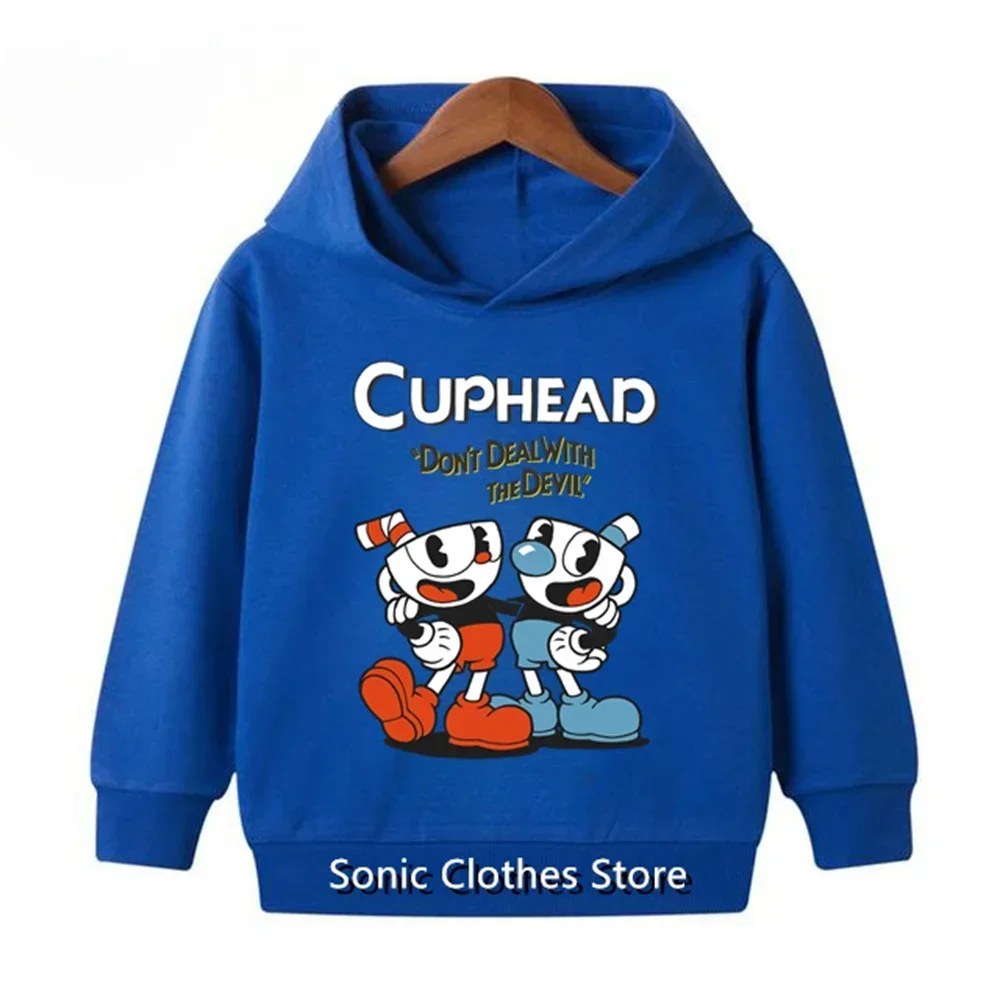 Cuphead Print Hoodies Boys Girls Anime Sweatshirts Children Funny Pullovers Tops Sudadera Kids Cute Cartoon Casual Outerwears