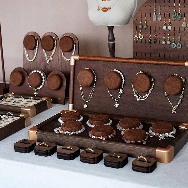 Walnut Jewelry Display Stand for Rings Necklaces Multi-Tiered Organizer Tray for Earrings Collection Vintage Photo Prop Showcase