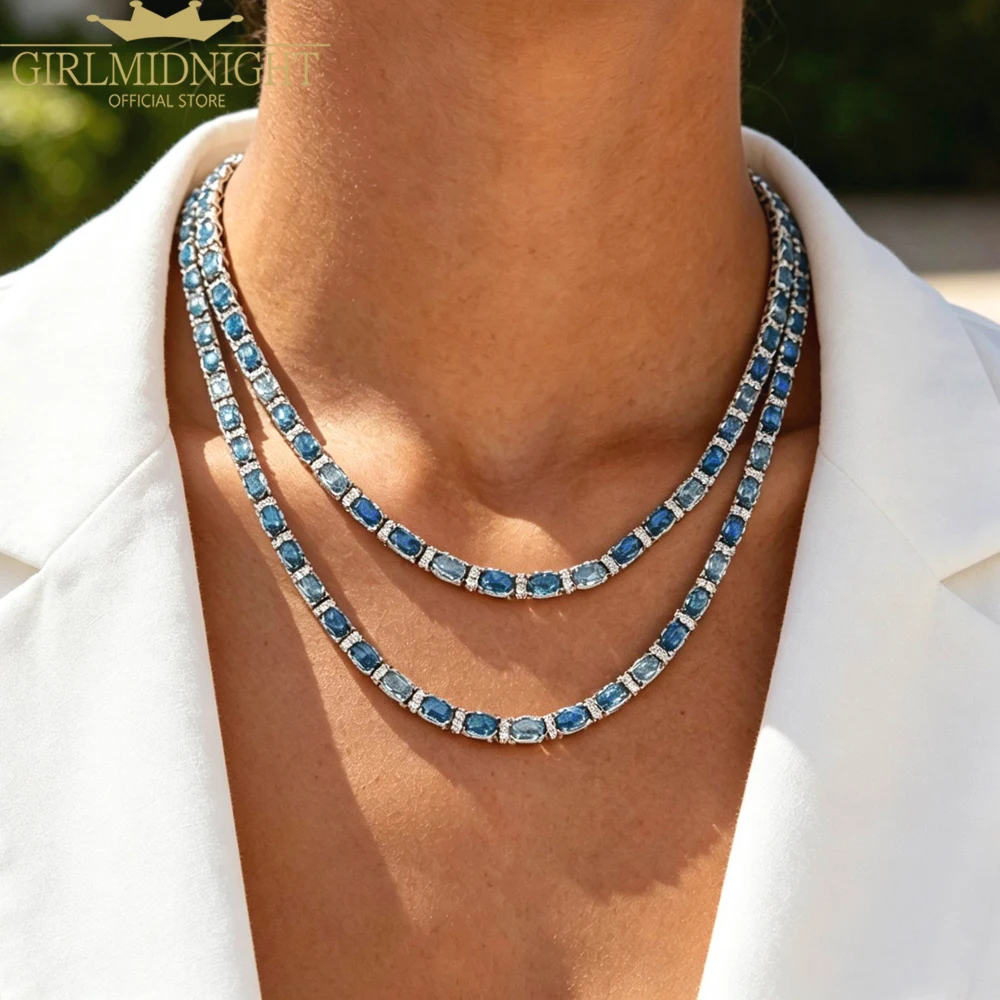 Iced Out Tennis Chain Necklace Blue White CZ Stone Link Chain Chokers Necklaces for Women Men Hip Hop Rapper Jewelry