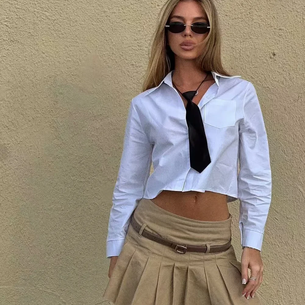 

Y2K Свободные укороченные топы Женская блузка с длинным рукавом и галстуком Однобортная белая рубашка в консервативном стиле с лацканами Уличная одежда Повседневная одежда