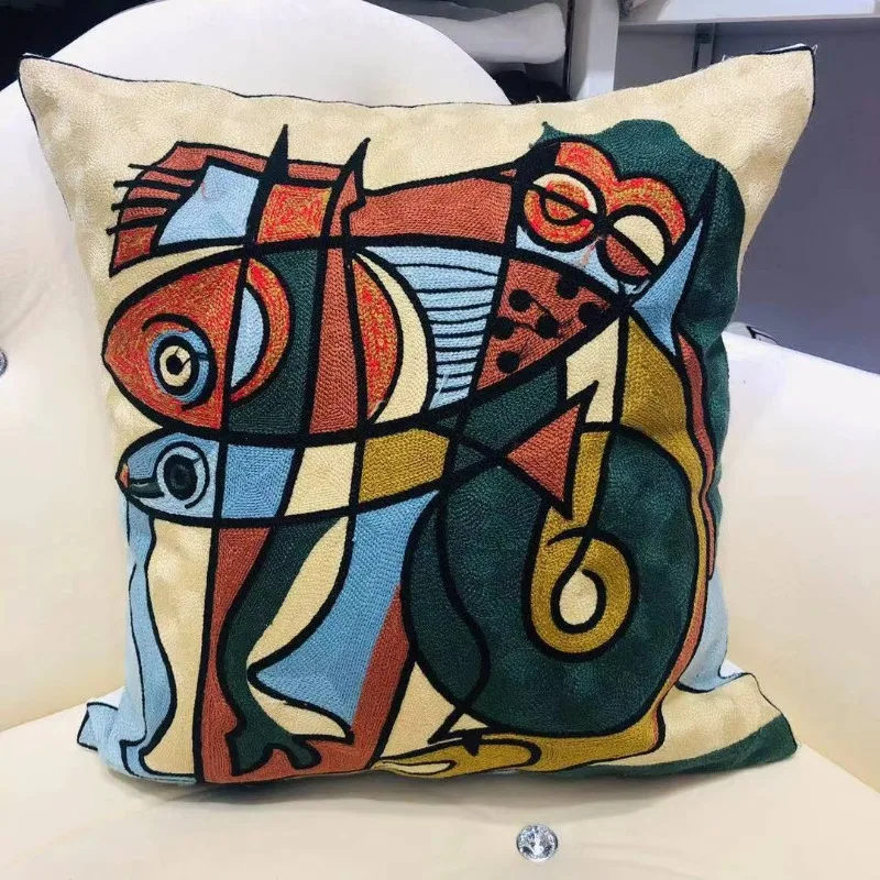 High Quality Funda De Cojin Picasso Abstract Embroidered Pillow Cover Canvas Single-sided Sofa Embroidery Cushion Cover