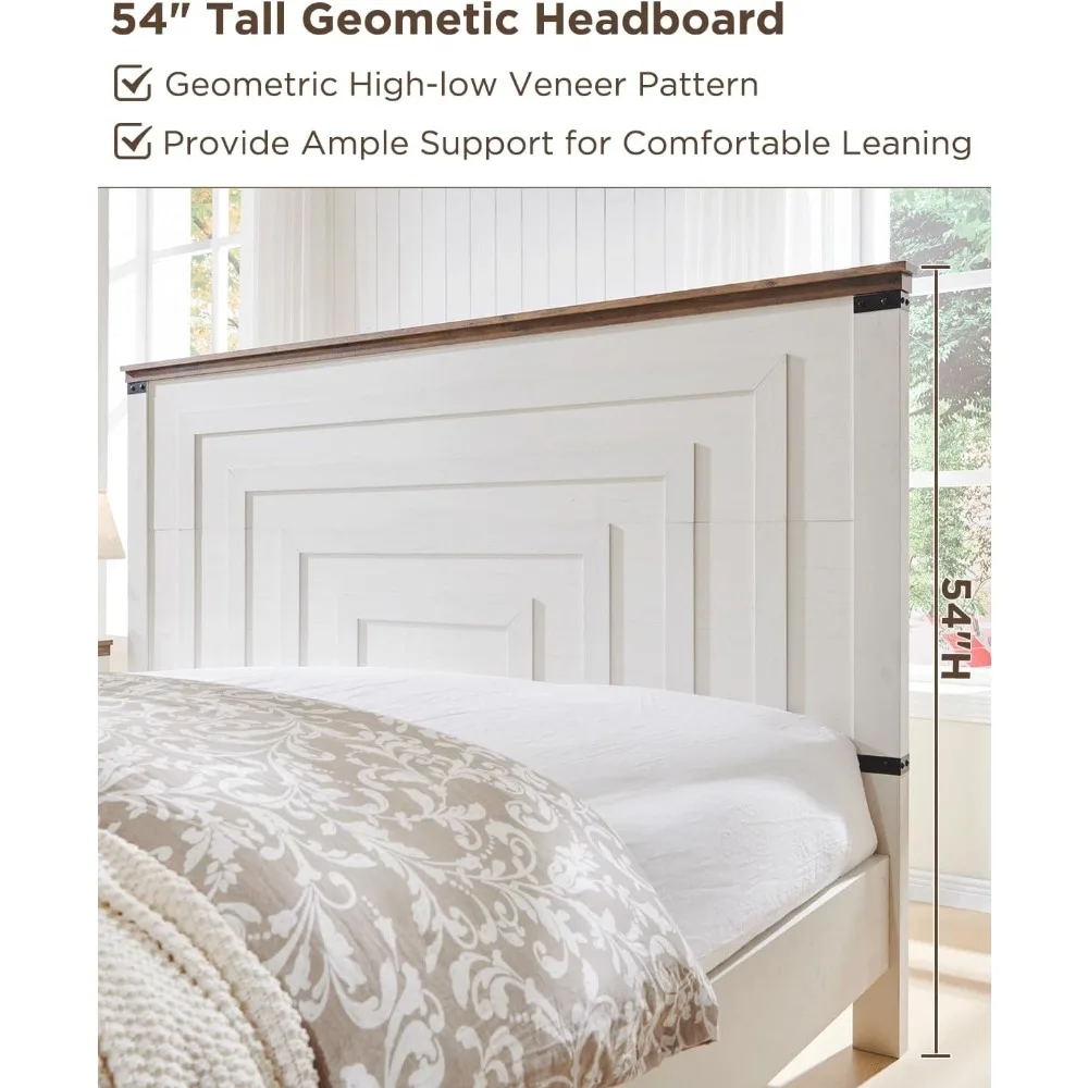 T4TREAM Farmhouse Rama łóżka Queen Size z wysokim geometrycznym zagłówkiem 54" i 2 dużymi szufladami do przechowywania, łóżko na platformie z rustykalnego drewna