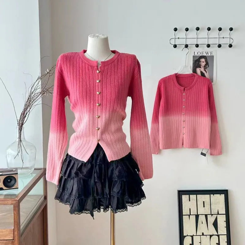 Stylish Gradient Pink Pullover Sweater Split Hem Unique Heart-shaped Buttons Women's Trendy Casual Korean Versatile Clothing