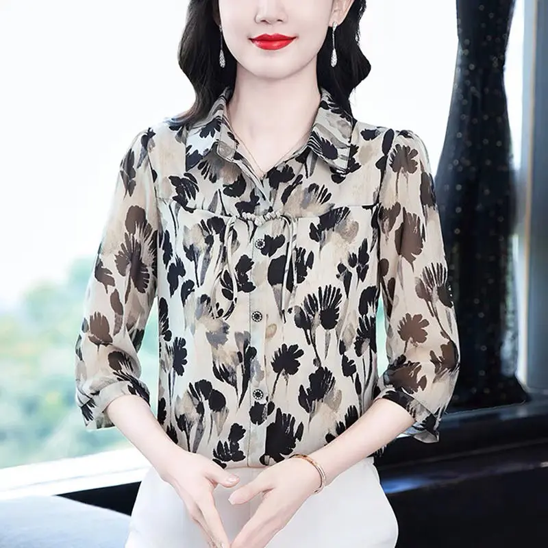Chinese Style Shirt With Frog Buttons Print Loose Fit Mid Sleeve Elegant And Versatile Concealing Tummy Top