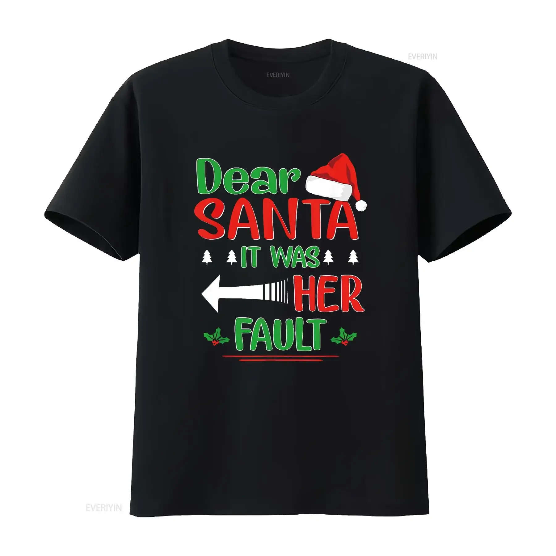 

Dear Santa It Was Her Fault Christmas T Shirt Funny For Him vintage Washed Stylish fashion Versatile Casual Slightly Stretched