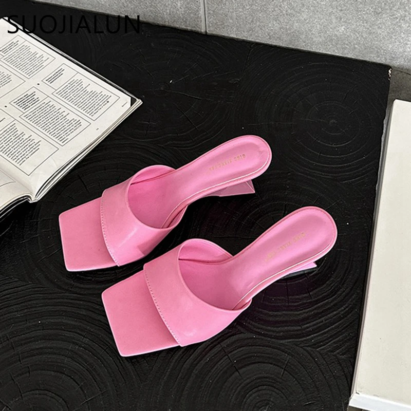 SUOJIALUN 2024 Summer New Brand Women Slipper Fashion High Wedge Heel Ladies Elegant Dress Slides Shoes Square Toe Slip On Sanda