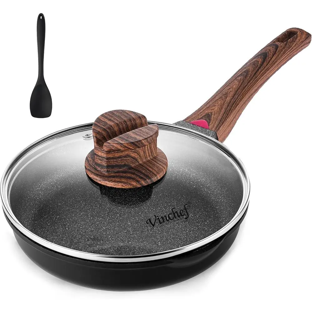 

8 Non Stick Frying Pan, Skillet with Lid, All Stove Compatible, Induction Non Toxic Cookware, Nonstick Kitchen Pan