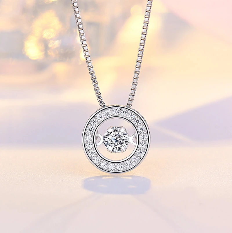 KOFSAC Trendy Dancing Stone Shiny Zircon Simple Round Pendant Lady Jewelry 925 Sterling Silver Necklaces For Women Birthday Gift