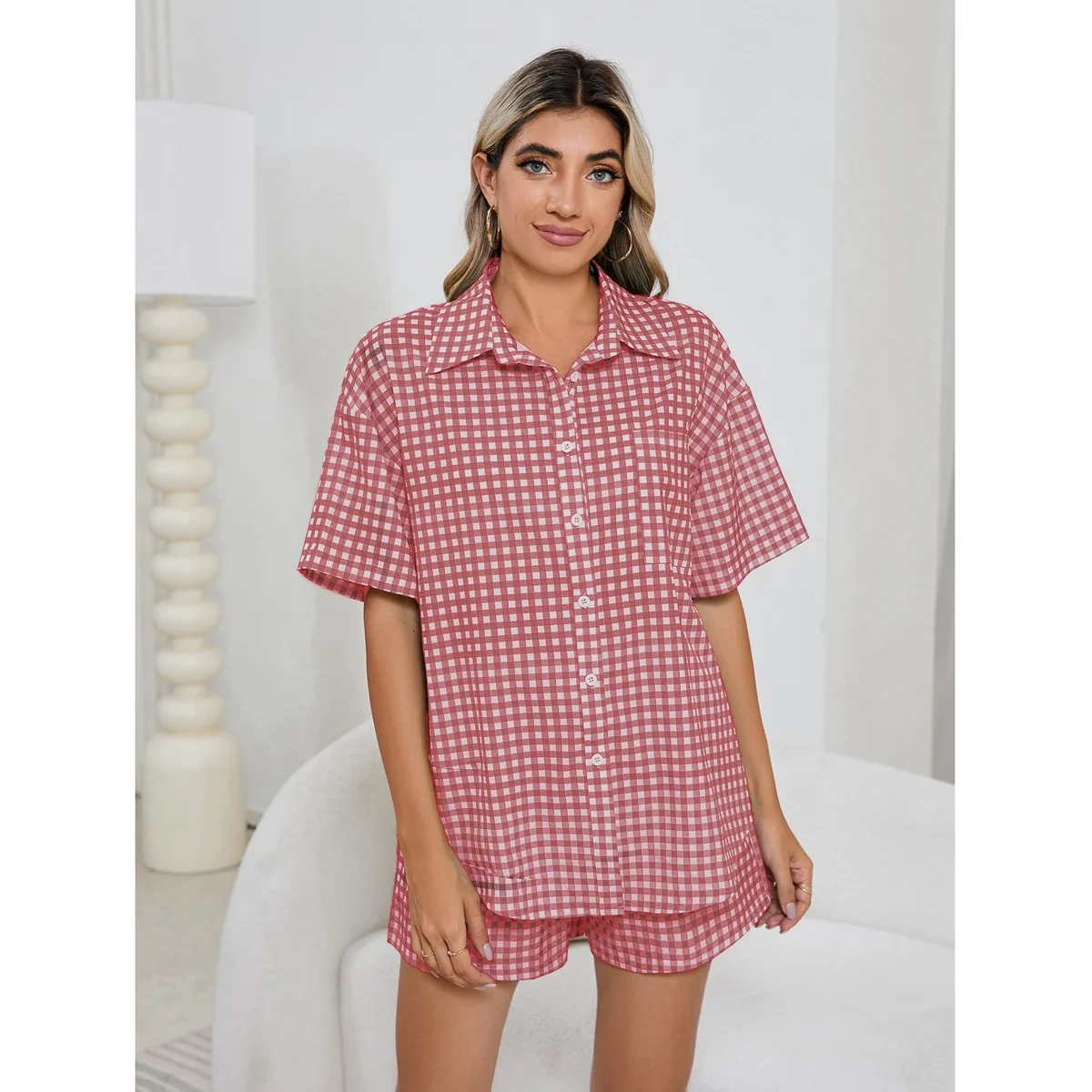 Red Plaid Print Women's Pajamas Sets Single Breasted Drawstring Sleepwear Turn-Down Collar Home Suit Set Woman 2 Pieces Summer