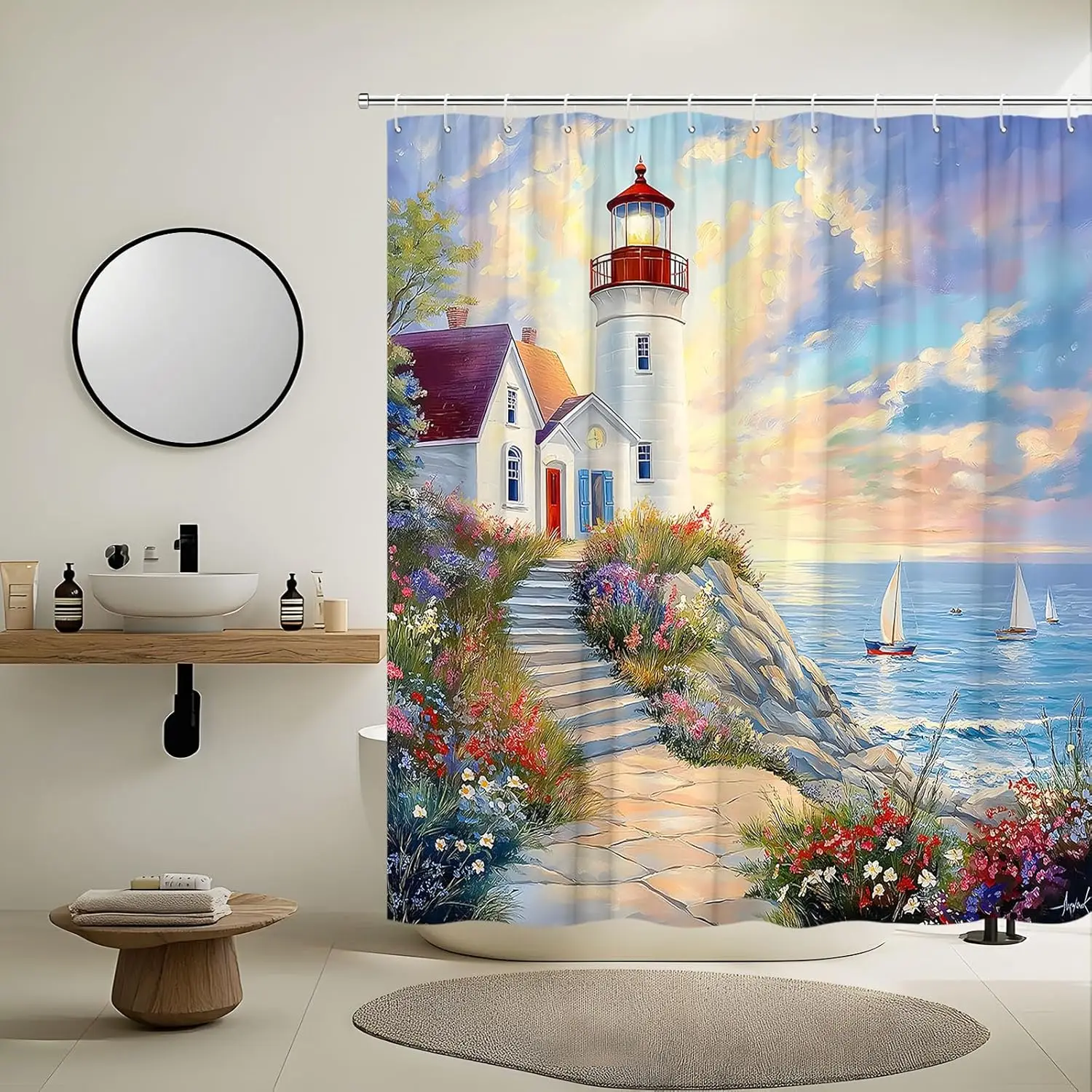 Coastal Lighthouse Shower Curtain Nautical Beach Ocean Rustic Seaside Summer Hawaiian Seacape Sea Sailboat Watercolor Island