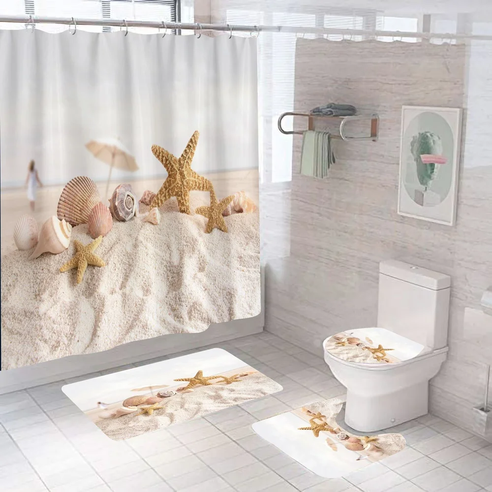 Beach Shower Curtain Set for Bathroom Decor, Seashell, Starfish, Nautical Fishnet, Vintage Blue Deck, Bath Mats, Toilet Rug