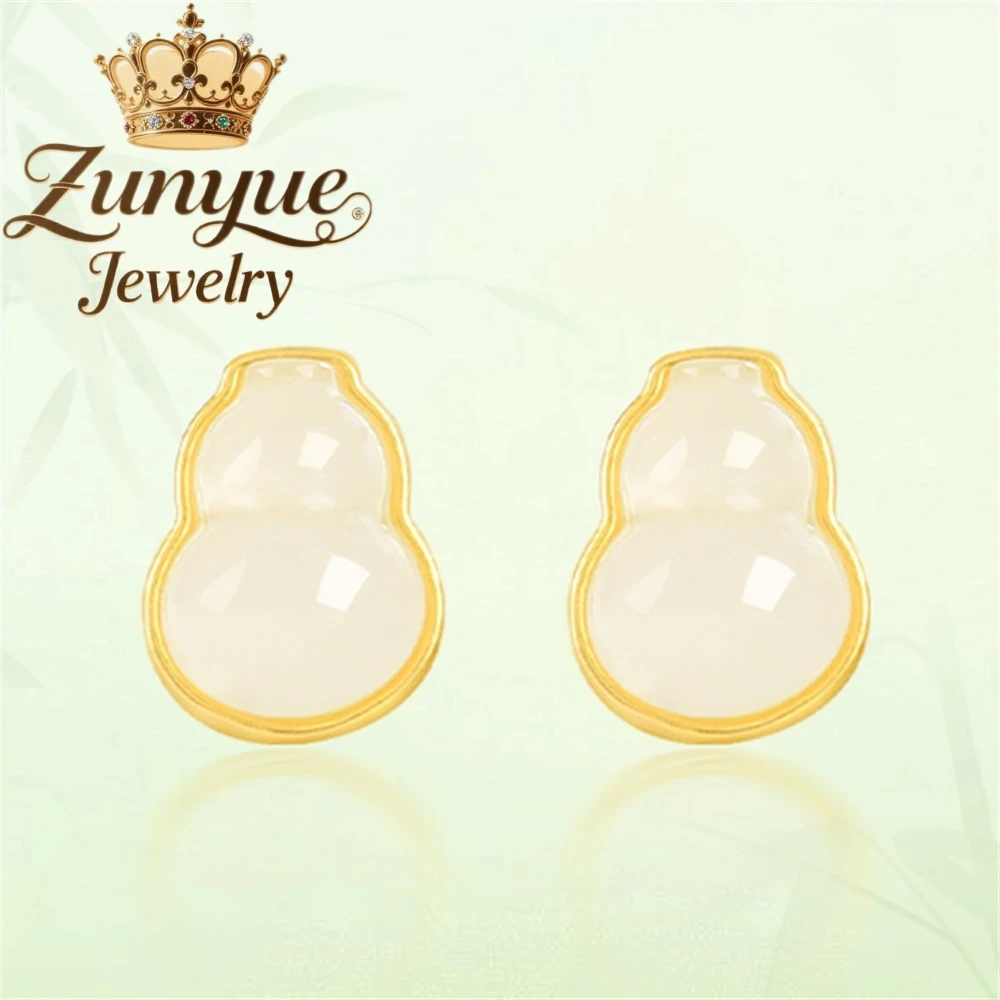 

Genuine Natural Hetian Jade White Jade Gourd Stud S925 Silver Inlaid Fashionable Charms New Style Earrings Quality Jewelry