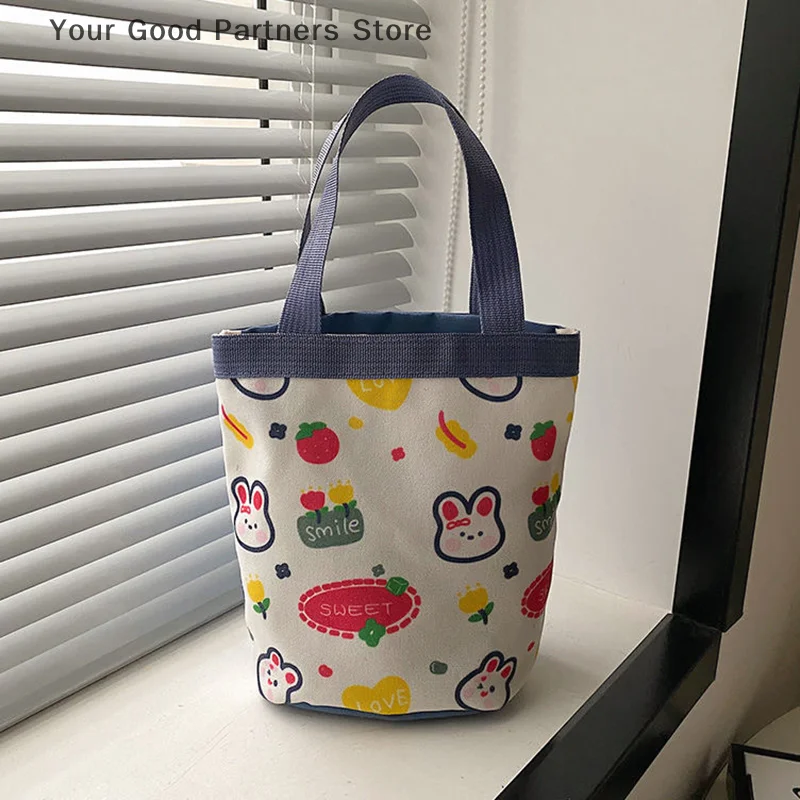 Tas Ember Grafiti Pola Hewan Lucu Portabel Tas Silinder Cetak Ins Tas Bento Kanvas Tas Kotak Makan Siang Genggam