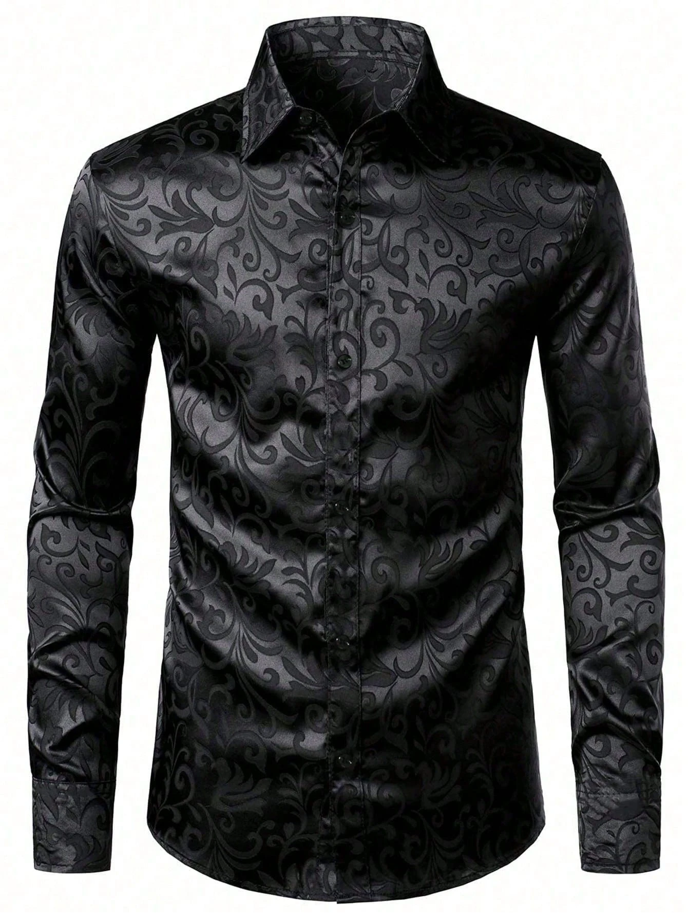 Men Black Satin Dark Swirl Floral Print Long Sleeve Shirt Turn‑down Collar Button Up Party Nightclub Dress Shirts