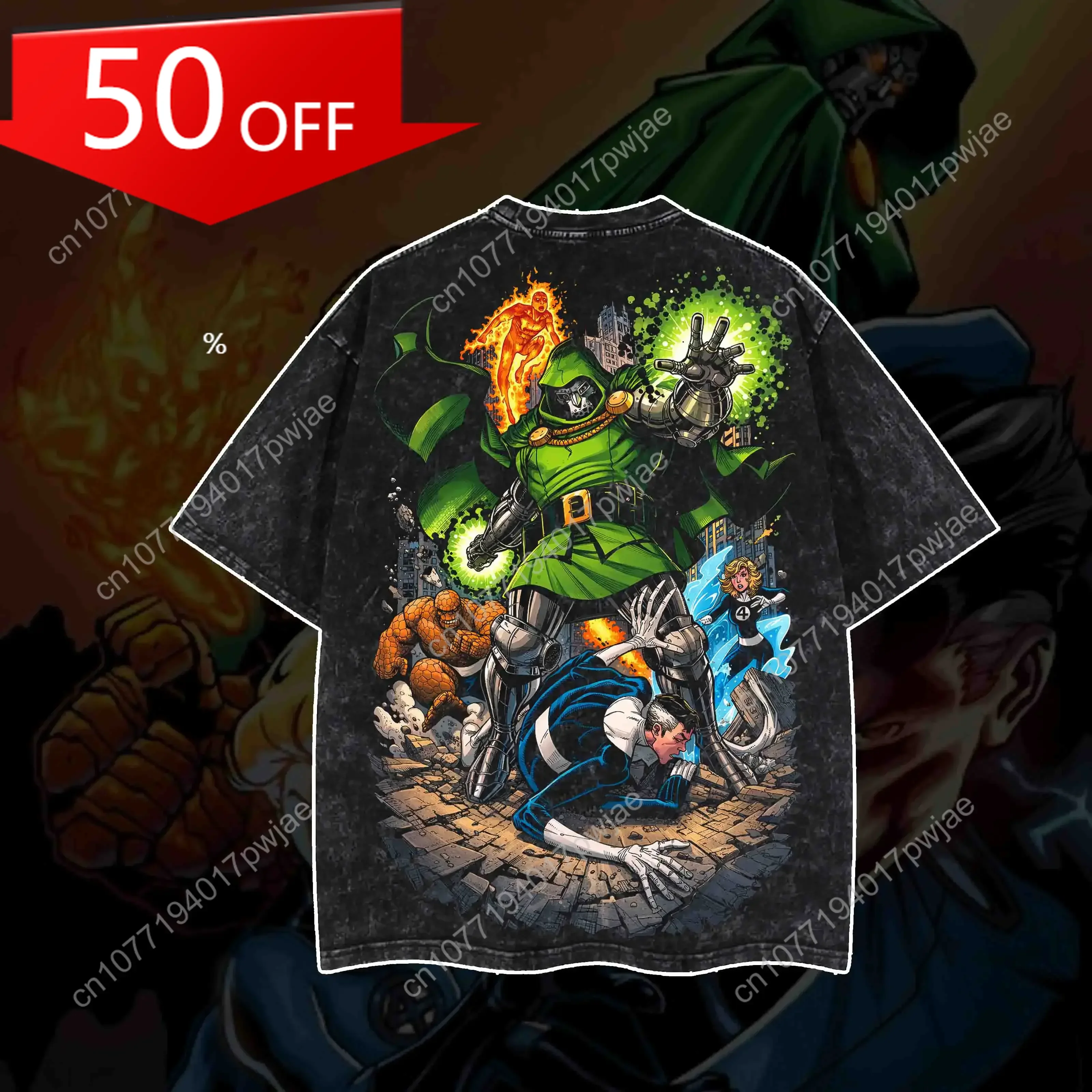 

Marvel Dr.Doom "The Masked Tyrant" Doctor Doom MCU Edition Double Printed Oversize Lightweight Acid Washed Tee Hoodi