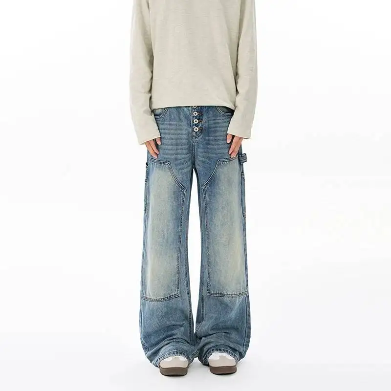 Blue Vintage Washed Cargo Flare Jeans For Men Women Multi Button Waist Side Big Pocket Loose Straight Floor Trousers ZM2J
