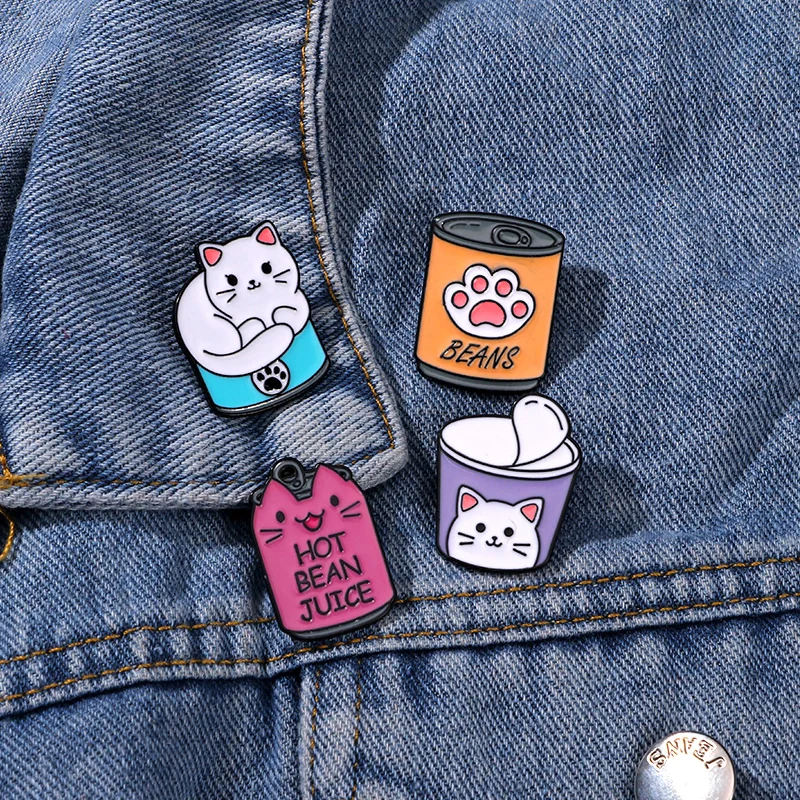 Cute Pet Paw Collection Enamel Pins Canned Instant Noodles Juice Cat Beans Brooches For Backpack Cloth Jewelry