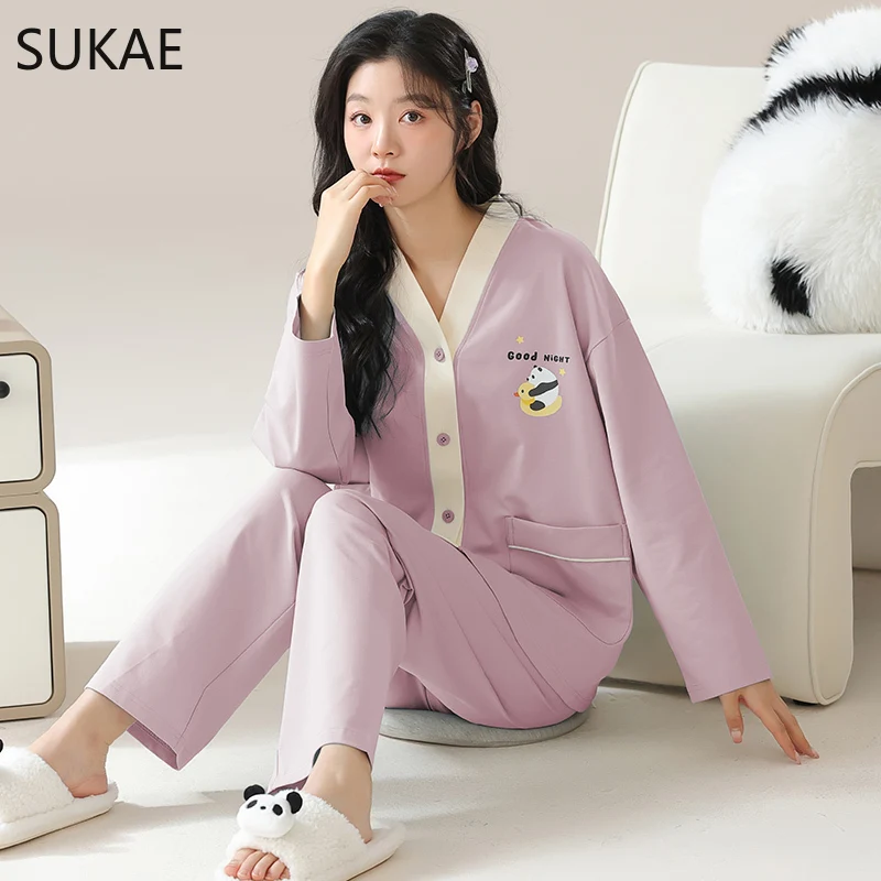 SUKAE New Spring Women Nightwear Leisure Kimono Style Lapel Sleepwear Casual Long Sleeves Pajamas Set for Women Girl Pink Pijama