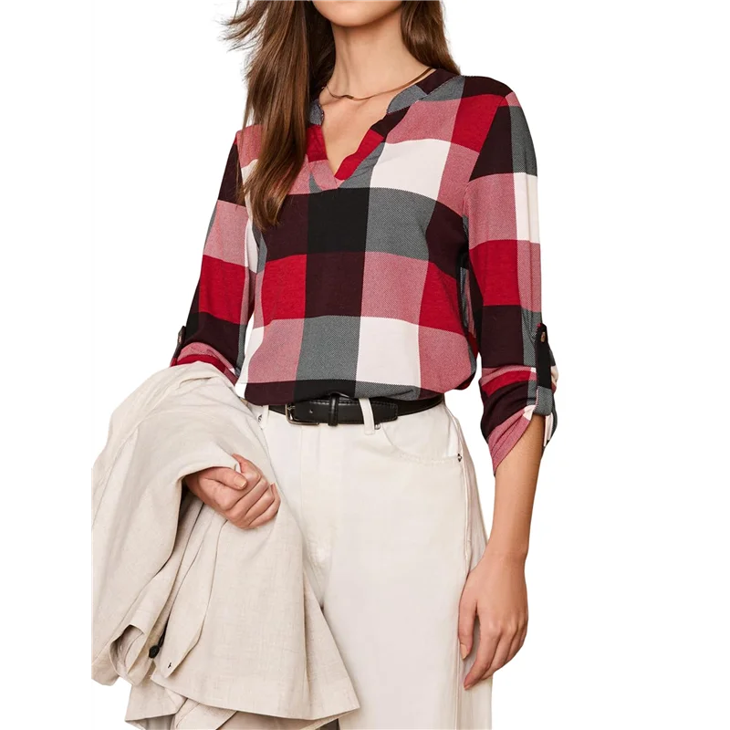 

ABP-Womens Basic Casual V Neck Plaid Print Cuffed Long Sleeve Work Tops Blouses Shirts