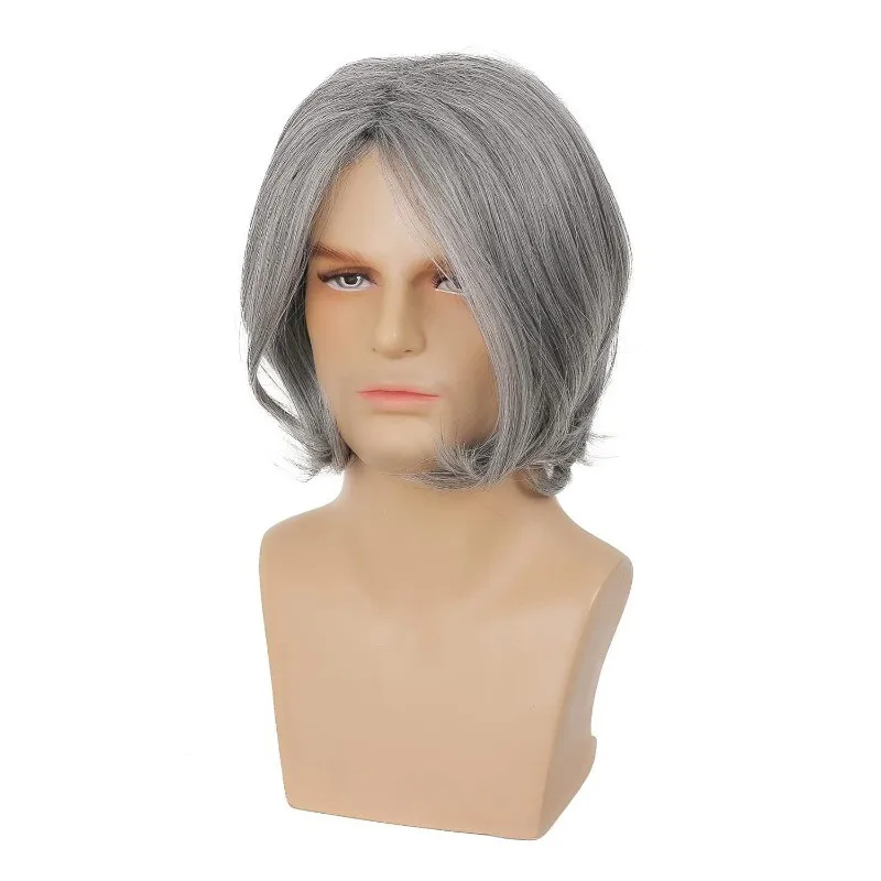 الرجال ارتداء اليومي مجعد الشعر شعر مستعار كامل قصير رمادي غامق الرجال شعر مستعار + قبعة شعر مستعار