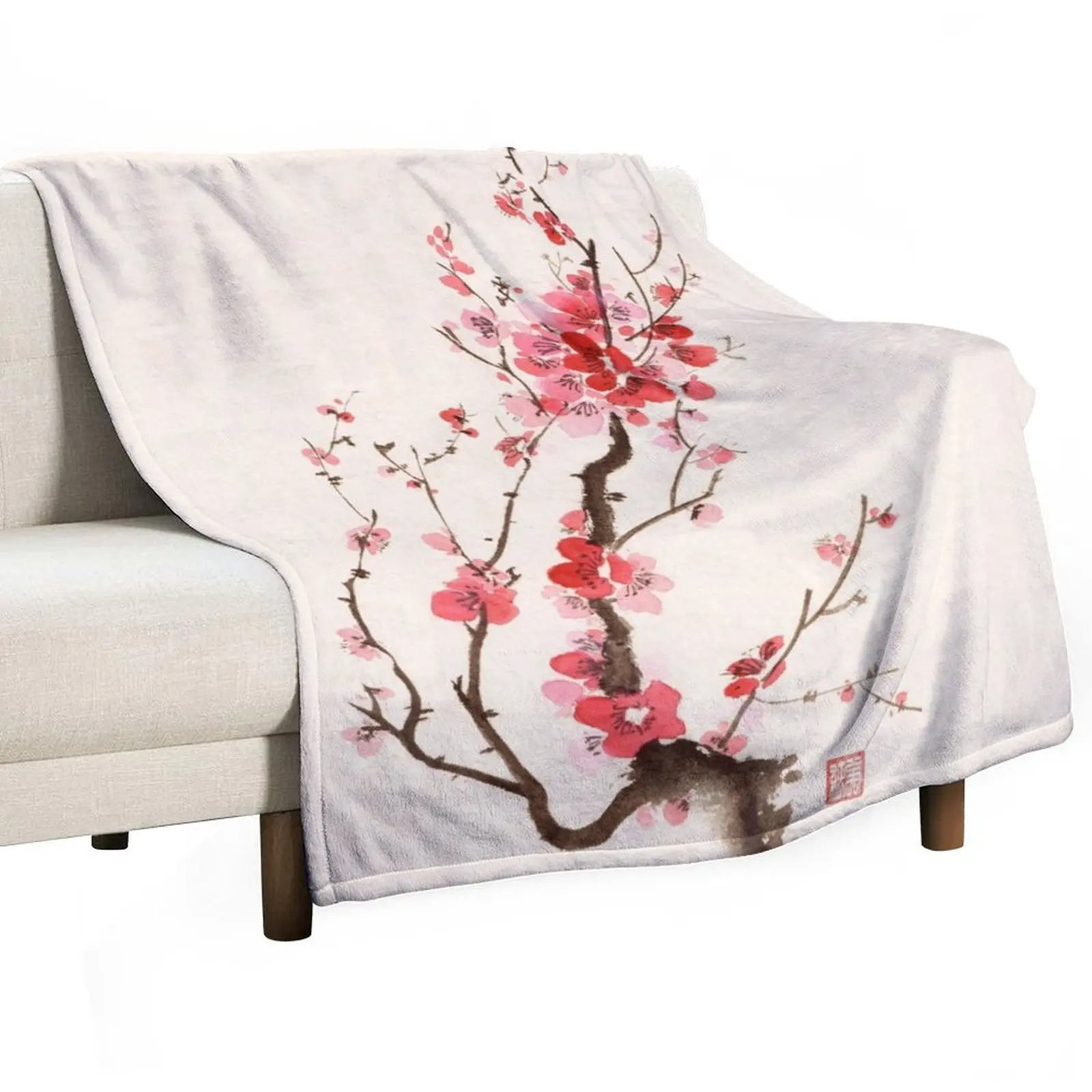 Sumi-e ink painting of blooming beautiful plum blossom or sakura branch with red flowers art print Throw Blanket