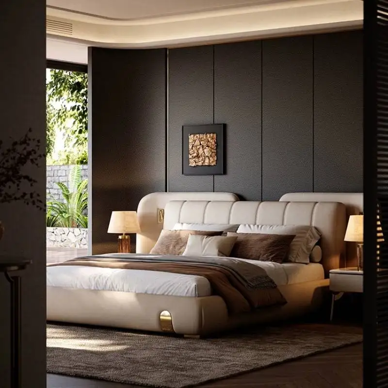 Cama Doble Beige Europea, Diseño Nórdico, Estilo Lounge para Niñas, Cama Doble de Lujo 180x200, Cama Matrimonial Princesa, Muebles para el Hogar