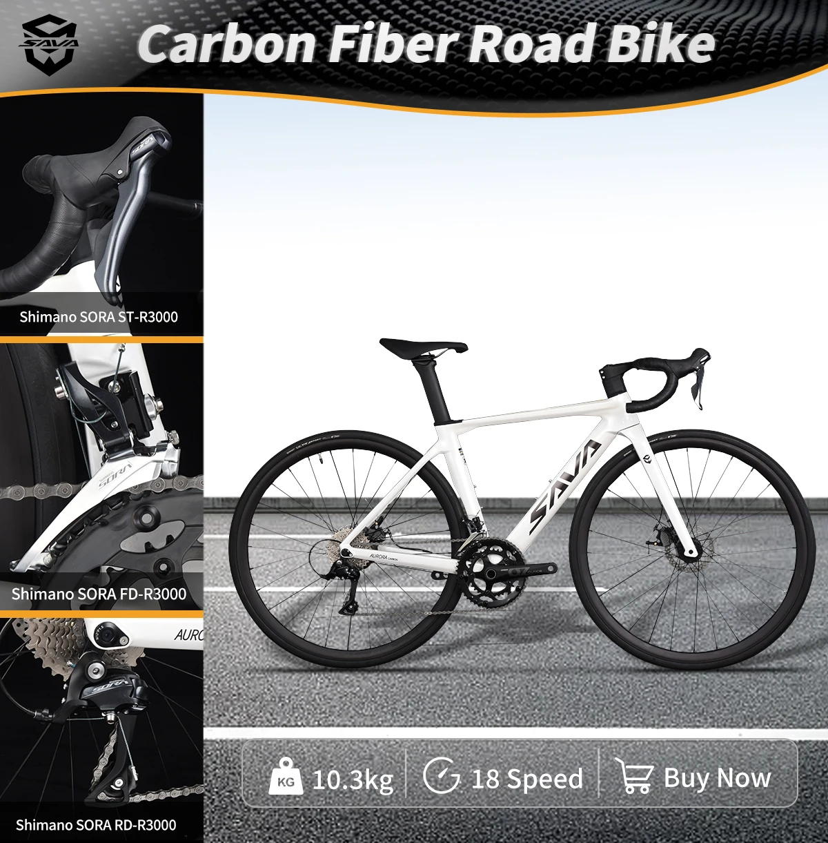 

SAVA R08-R3000 Low-Priced Carbon Fiber Road Bike with SHIMAN0 SORA R3000 Kit 18 Speed Road Bike