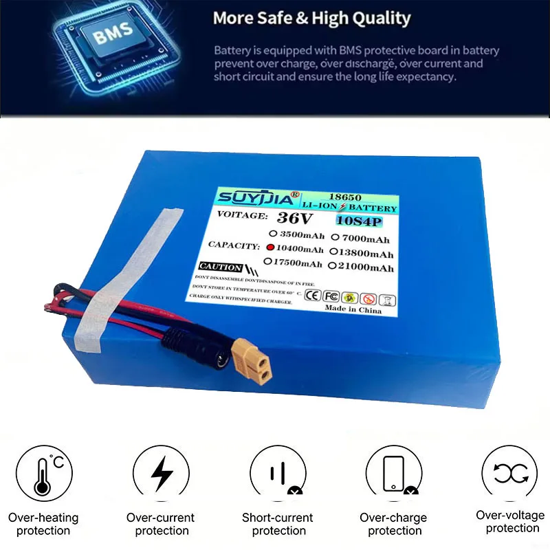 36V 10S4P 10400mAh Lithium-ion Battery, suitable for electric bicycles, electric cars and electric scooters, with built-in BMS