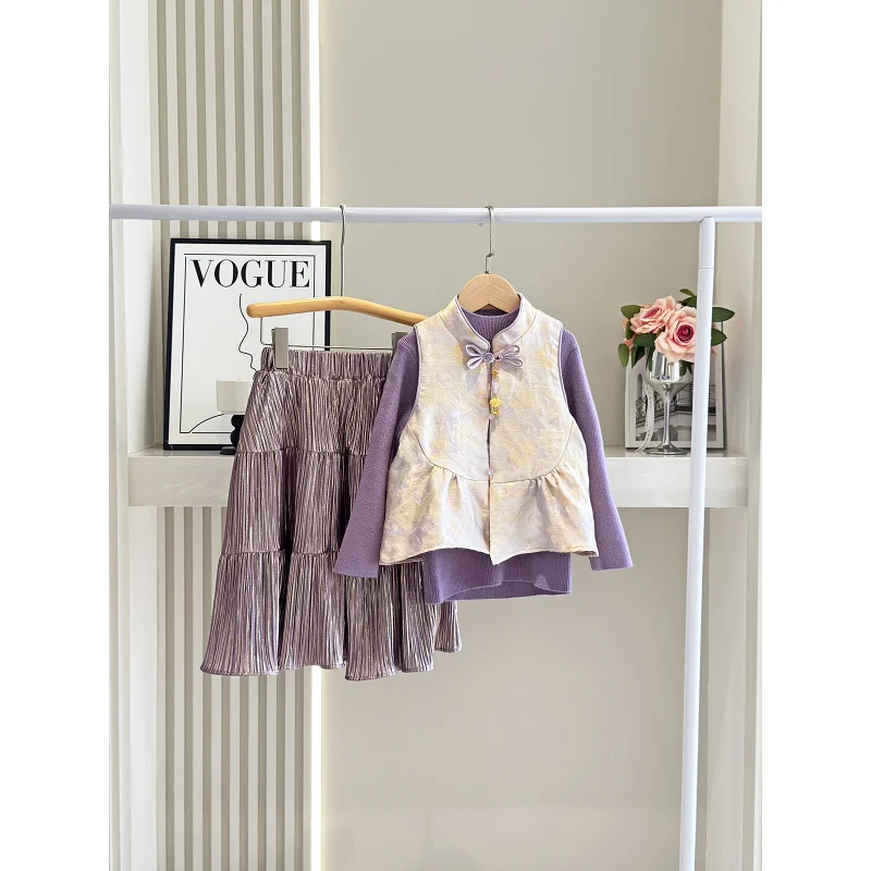 

Girls' Spring Autumn Winter New Style Radiant Retro New Chinese Style Vest National Style Sweater Three-Piece Set