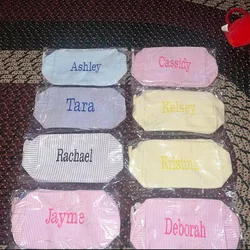 Saco de maquiagem Seersucker para mulheres, nome personalizado, tamanho pequeno, bolsa de higiene pessoal, monograma personalizado, saco cosmético, presente de aniversário