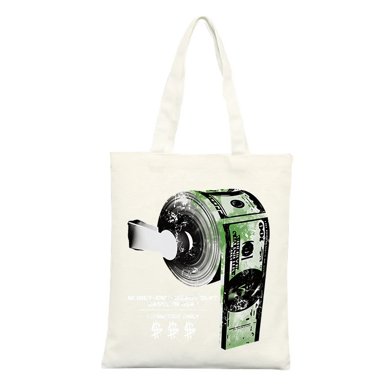 Canvas Tote Bag with Money Graphic Print, Urban Style for Daily Shopping and Casual Outings