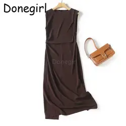 Donegirl 2023 New Summer Women Sleeveless Solid Round Neck Slim Dresses Casual Simple Elegant Slit Midi Dresses Female Chic