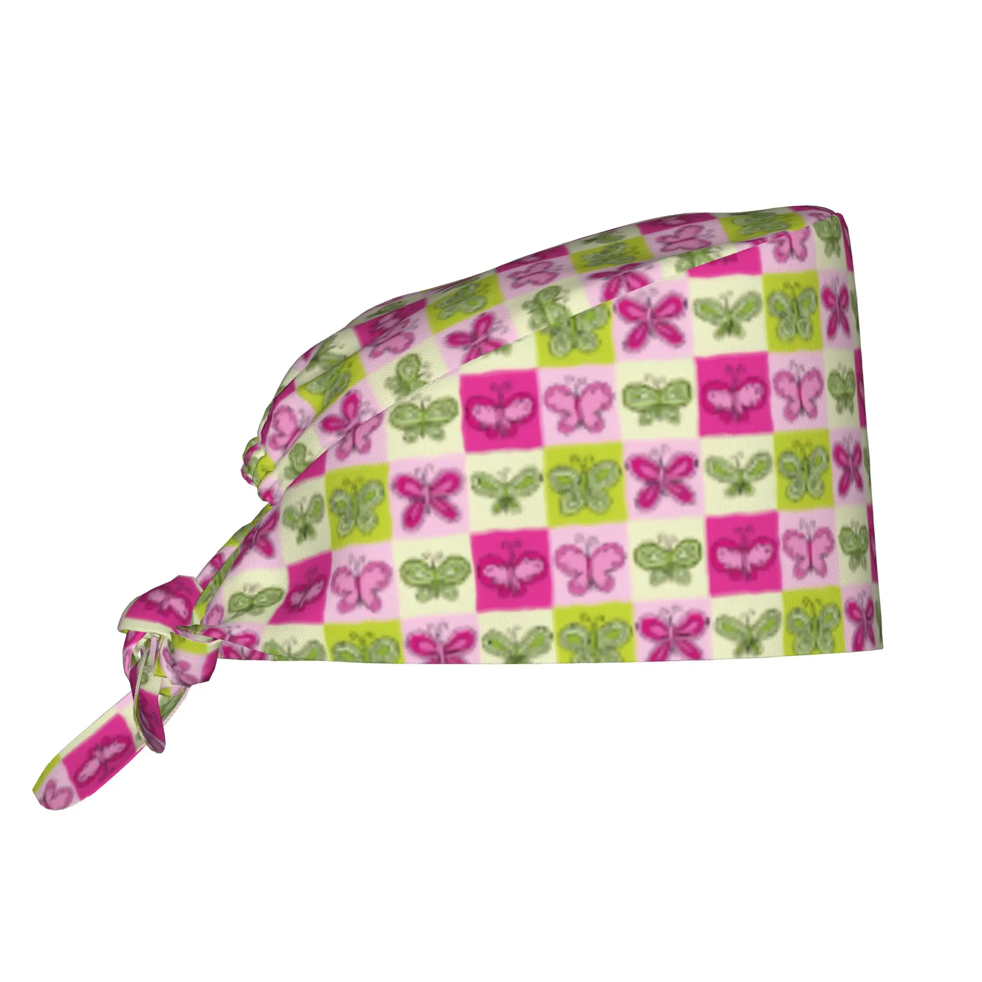 Adjustable Checkered Plaid Colourful Square Butterfly  Working Hat Surgical Hat Scrub Nursing Doctor Surgeon Cap for Dentist