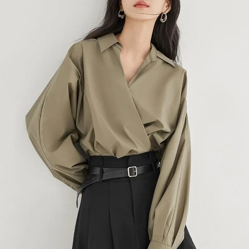 French Women Fashion V Neck Shirt Coat Lady Design Sense Niche Chiffon Blouse Jacket Autumn Female High-end Casual Tops Outwear